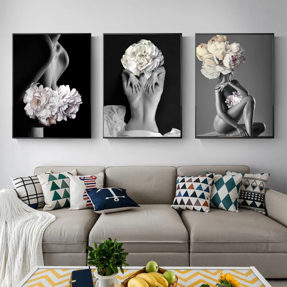 WANGART Big Size Posters and Prints Flowers Feather Women Oil Painting Canvas Wall Pictures for Living Room Home Decoration jy74