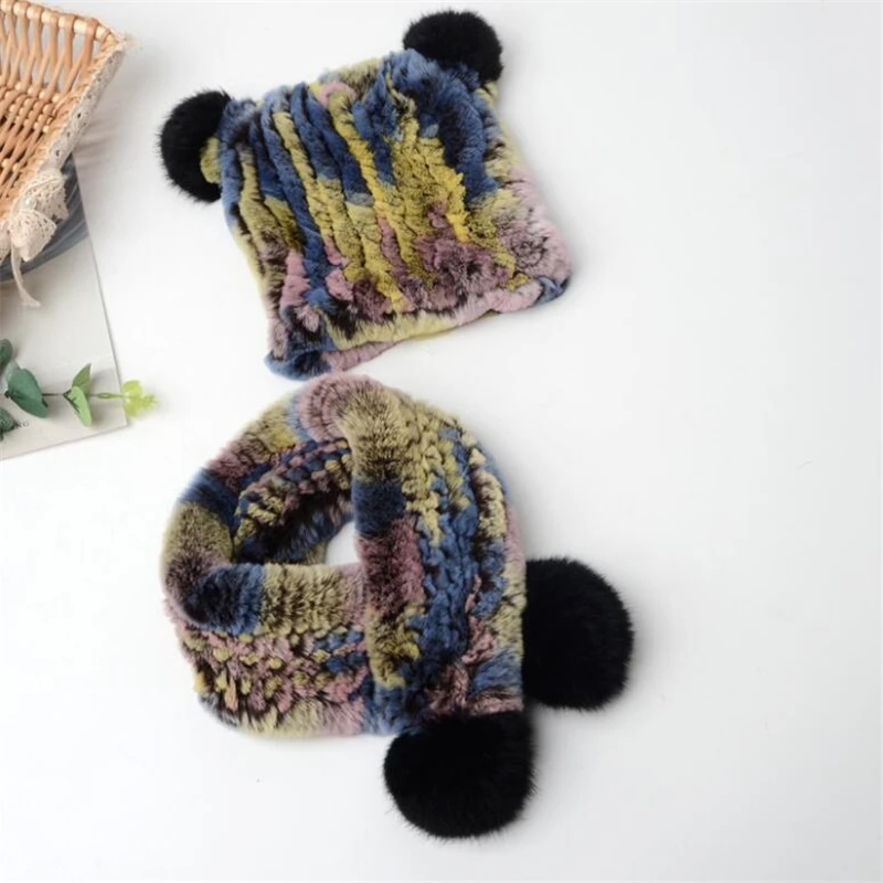 

IANLAN Winter Cute Children Hat Scarf Set Boys Girls Thermal Real Rex Rabbit Fur Beanie Muffler Panda Ears Style Caps IL00169