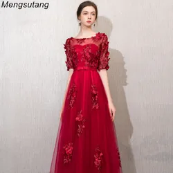 Robe de soiree Wine Red O-Neck Long Evening Dresses Elegant Lace up vestido de festa Banquet Party Prom dresses customized