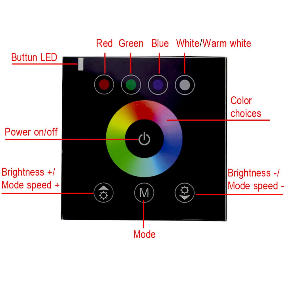 Pannello di tocco del regolatore di RGBW del commutatore del montaggio della parete regolatore della striscia del dimmer di 4 canali per DC12V-24V