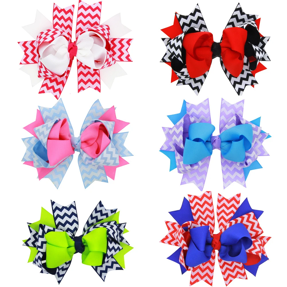 

Colorful Tail Printed Hair Bows With Clips Handmade Double Layers Chevron Bows For Kids Accessories