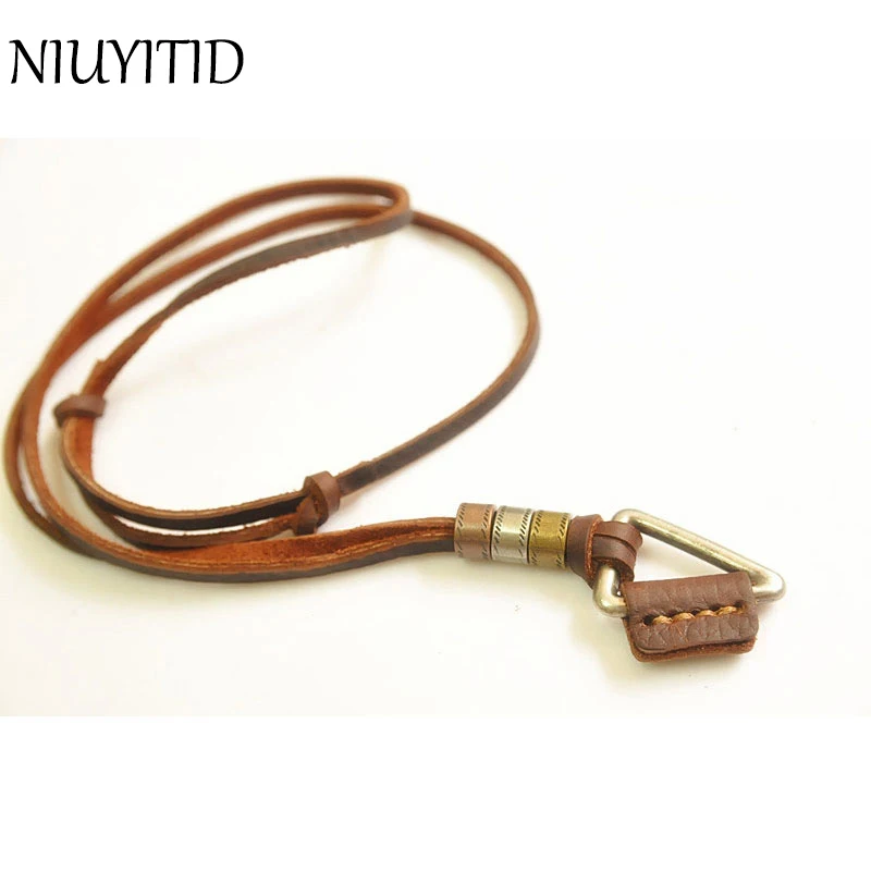 NIUYITID Men Necklace 100% Genuine Leather Necklaces Vintage Triangle Pendants Adjustable Brown Chain Women Collar Jewellery