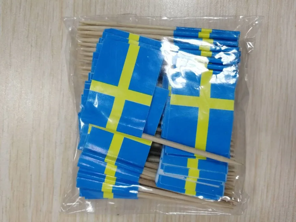 Lot of 50 Pcs Mini Wooden Sweden Toothpick Flag fruitpick for Decor  Party Fruit Pastry