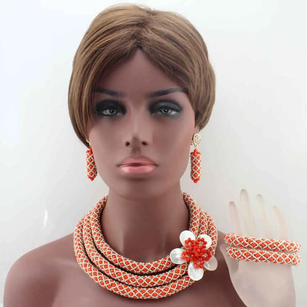 

New Latest Orange/Silver Women Costume African Jewelry Sets Bridal Crystal Nigerian Wedding Jewelry Set Free Shipping W13606