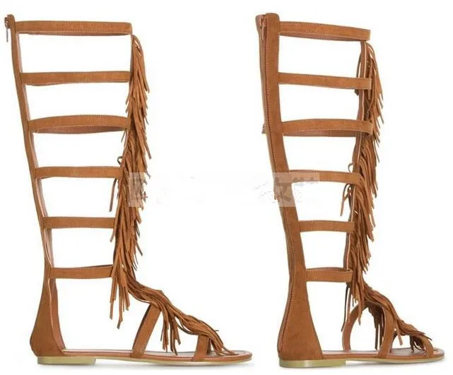 Size 35-43 tassels narrow band cut-outs gladiator knee high boots peep toe buckles strap flat sandal fringed knee boots