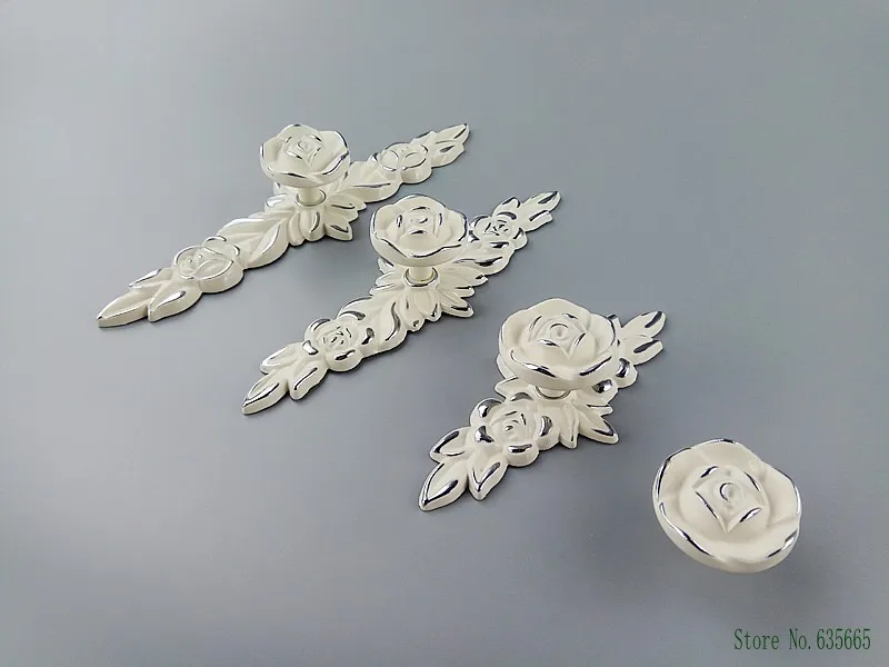European Lvory White Rose Flower Handle For Furniture Kitchen Cabinets Door Drawer Knobs Wardrobe Cupboard Push Pulls Handles