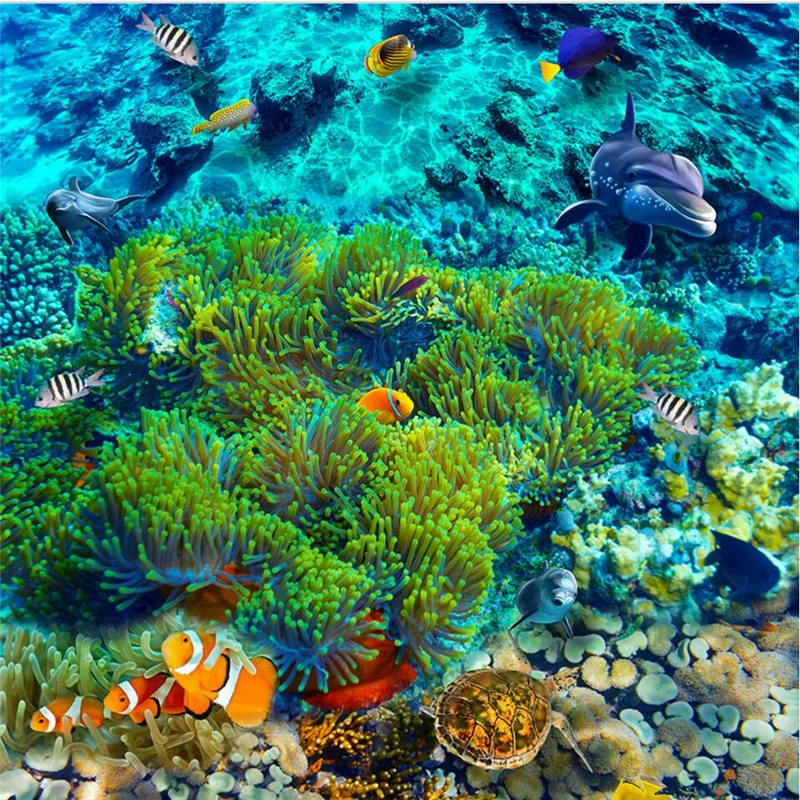 wellyu Custom large-scale mural pvc underwater world tropical fish 3D floor tiles waterproof thick floor stickers