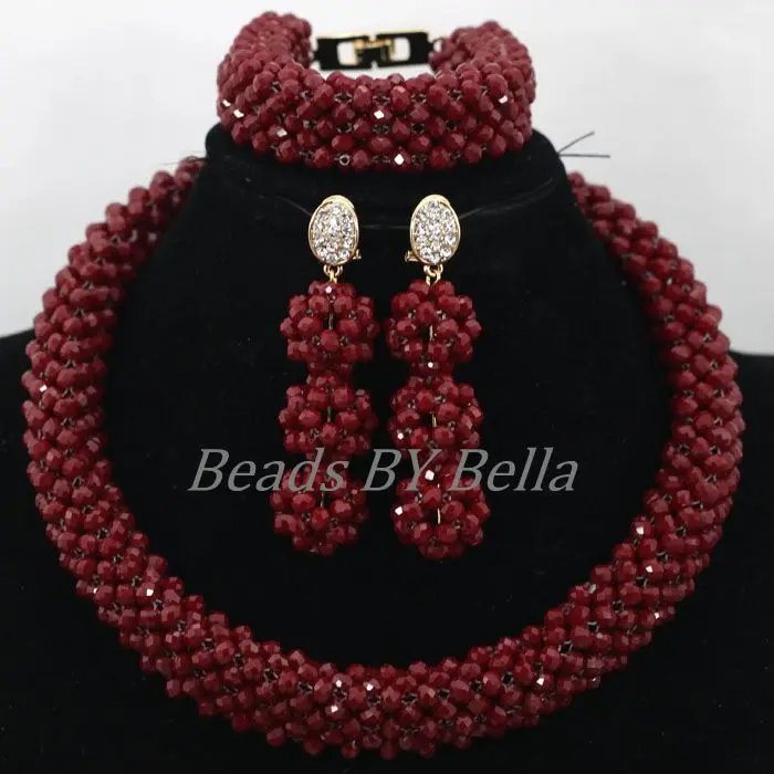 Opaque Burgundy Crystal Beads Women Costume Fashion Necklace Set Braid Wedding Beads African Bridal Jewelry Free Shipping ABK516