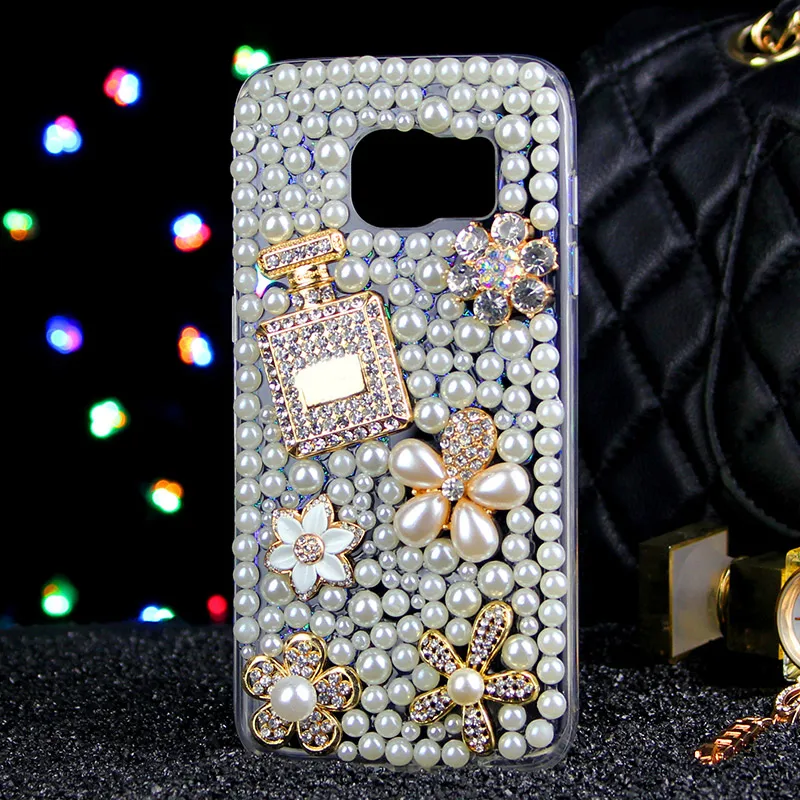 Luxury Diamond Crystal Pearl Flower Perfume Bottle Case For iPhone X 8 7 7Plus 5 5S 6 Plus Galaxy Note 5 4 3 2 S7 S6 Edge Plus