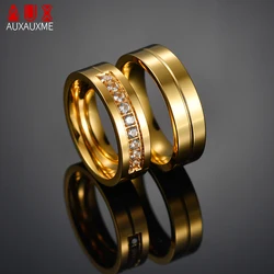 Auxauxme Romantic Titanium Steel Couple Rings For Lover Cubic Zircon Engagement Jewelry 6MM Wedding Rings For Women Men 6-12