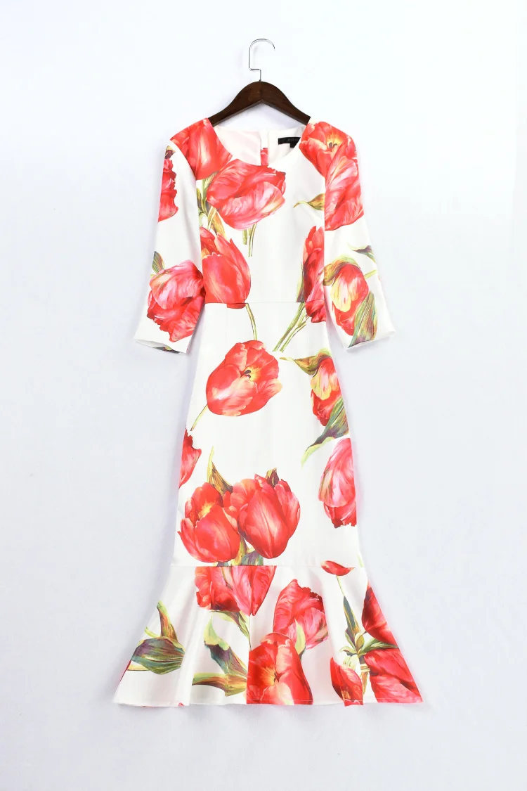 

Fashion Flower Print Women Mermaid Dress Hals Sleeve Dresses 062006B1