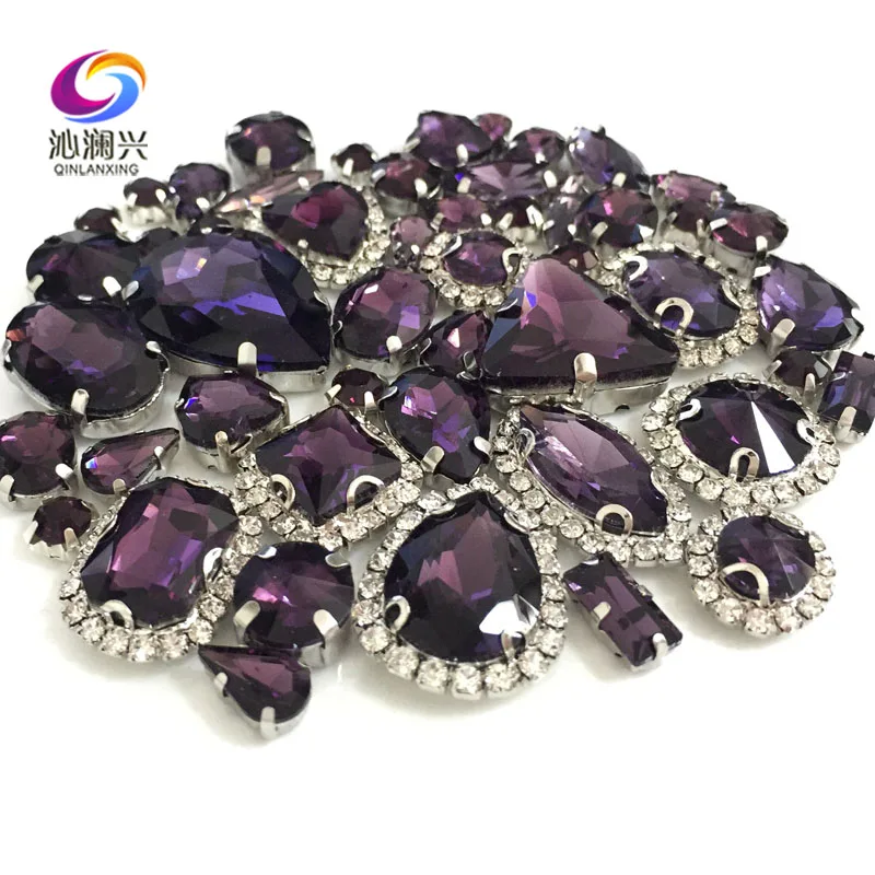 Mixed 50Pcs Deep Purple Crystal Buckle Glass Rhinestones, Sewing Accessories, Use for Needlework, DIY Clothing Decoration