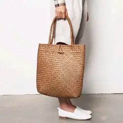 Bolso de paja de punto para mujer, bolso de mano bohemio de verano, bolso de hombro sólido para playa, compras