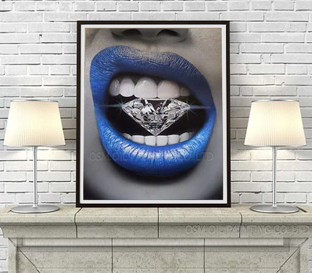 Professional Artist Handmade High Quality Modern Art Oil Painting on Canvas Lips Biting Dollar Cash and Diamond Oil Painting