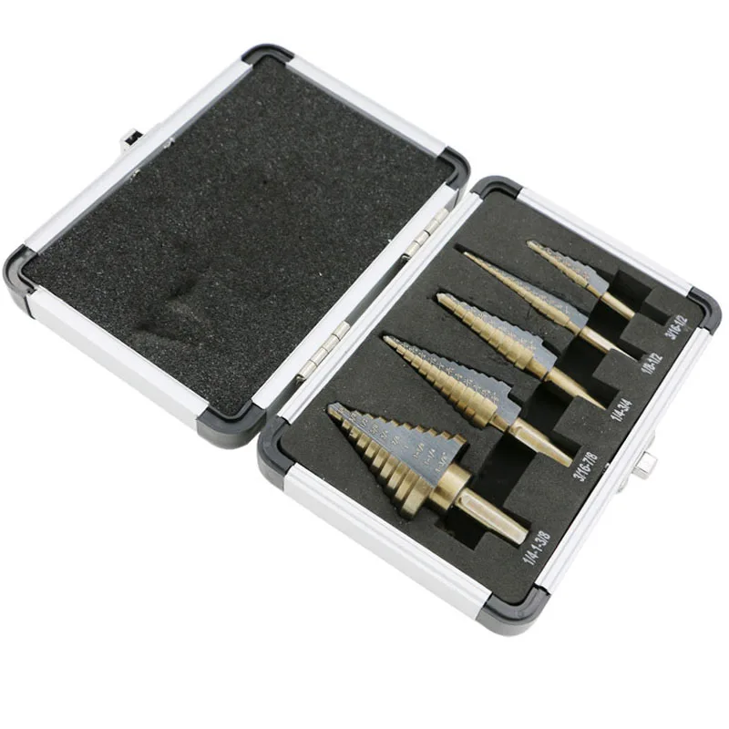 Arrival High Quality 5pcs/Set HSS COBALT MULTIPLE HOLE 50 Sizes STEP DRILL BIT SET w Aluminum Case