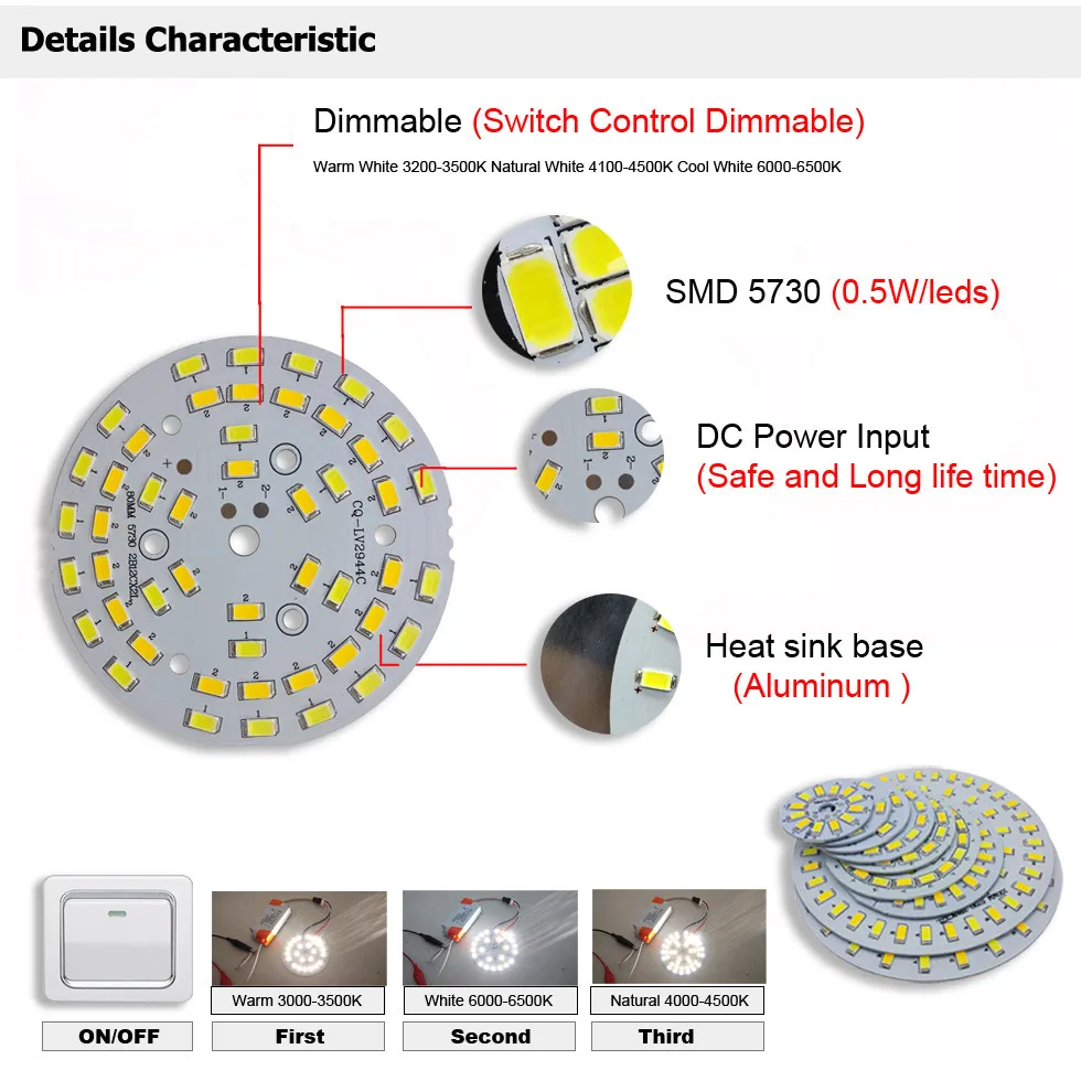 LED PCB SMD5730 Źródło światła panel lampy Trzy kolory Ściemnialne 3/5W 7W 9W 12W 15W 18W Aluminiowa płyta do żarówki led downlight diy