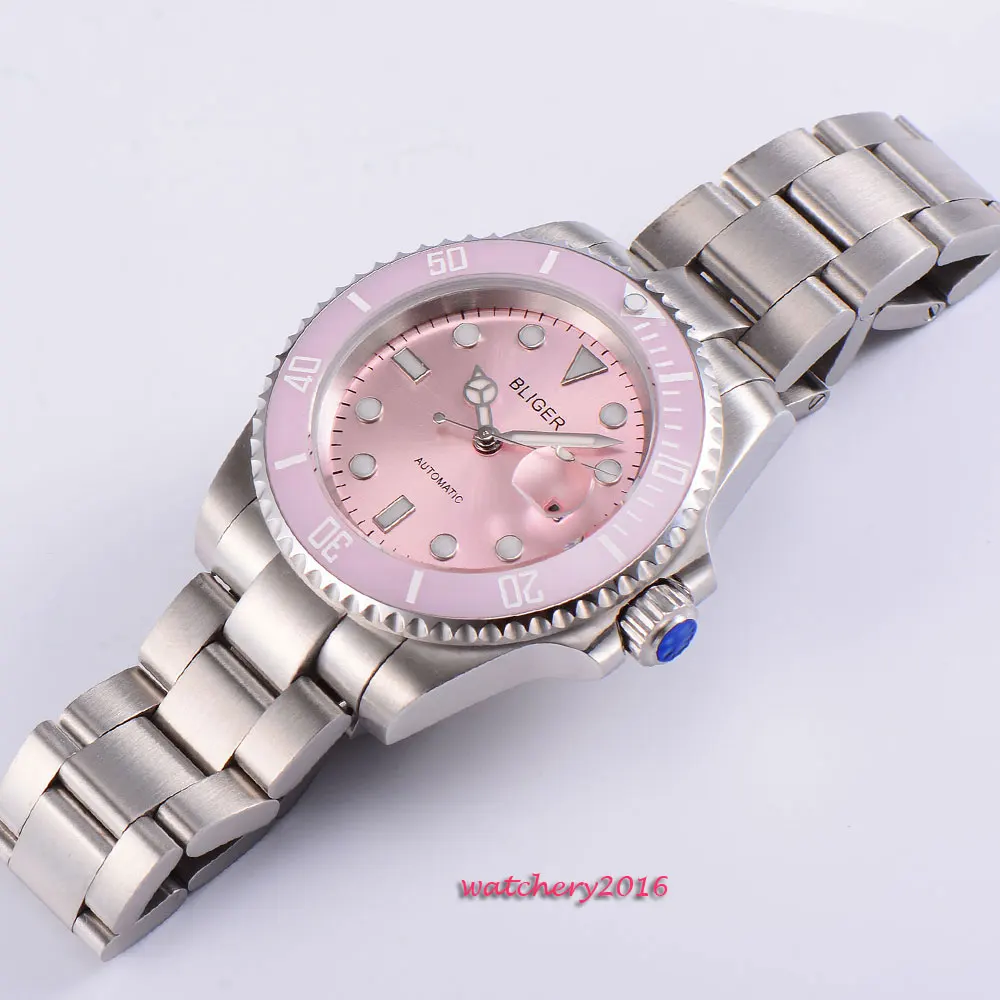 2019 Newest Hot 40mm BLIGER pink Dial Deployment Clasp Luminous Hands Date window Sapphire Crystal Automaic Movement Men\'s Watch