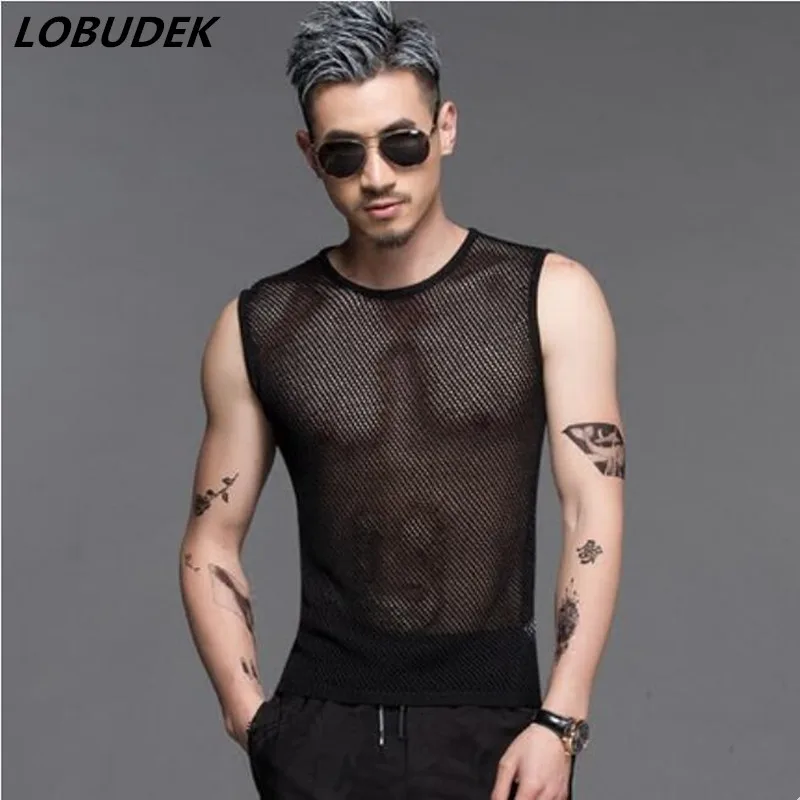 2018 Men Fashion Hollow out Waistcoat Black Knitted Vest Male Summer Casual Clothes Singer Hip Hop stage Performance outfit