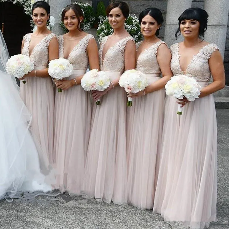 

2020 New Cheap Bridesmaid Dresses Deep V Neck Lace Appliques Chiffon Tulle Plus Size Long Beach Maid Of Honor Formal Wedding