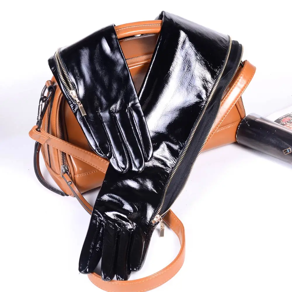 40 50 60 70 80cm Women\'s Ladies Genuine leather Shiny Black Patent Leather Zipper Party Evening Overlength Opera/long gloves