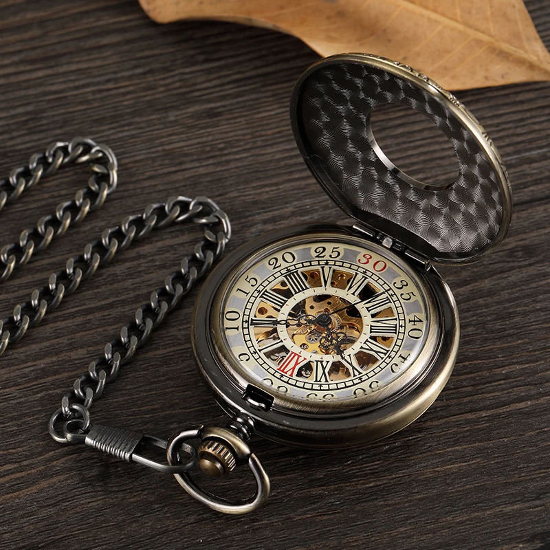 Dupla Face Mecânica Pocket Watch Homens Oco Steampunk Esqueleto Mão Vento Vintage Pocket & Fob Relógio Masculino Relógio Cintura Cadeia