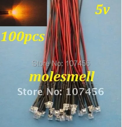 

Free shipping 100pcs 5mm Flat Top orange LED Lamp Light Set Pre-Wired 5mm 5V DC Wired 5mm 5v big/wide angle orange led