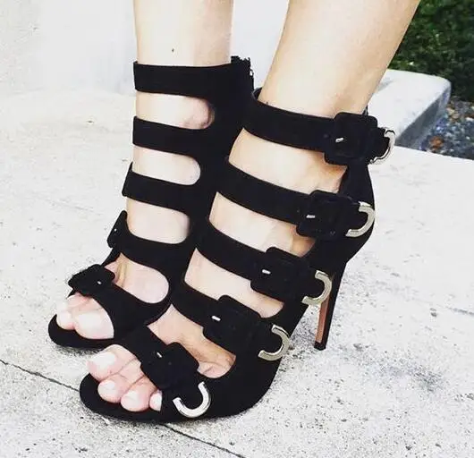 Fashion Black Suede Leather Women Peep Toe Buckles Sandals Cut Out Style Ladies Gladiator Sandals Sexy High Heels Club Stiletto