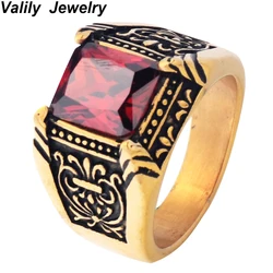 Men's   Red/Black Cubic Zirconia Retro Vintage Finger Rings,Stainless Steel fashion CZ  wedding rings