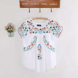 Vintage 70s SCALLOP Mexican Ethnic Embroidery Summer Women Dress BOHO Hippie Blouse Mini Dresses Women Tops Vestidos Femininos