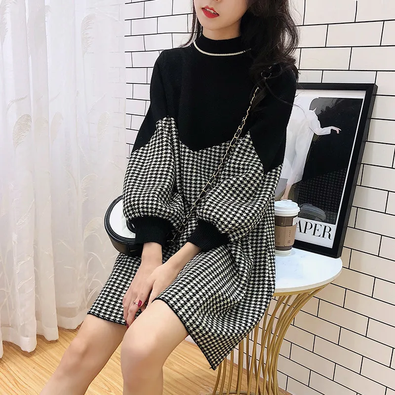 

Women's Knit Sweater Autumn Winter Korean Fashion Sweater Dress Long Sleeve Loose Soft Pullover Sweater Dresses Vestidos A539