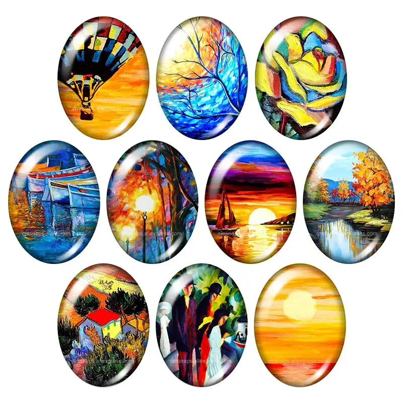 TB0213 oil paintings Sunset Flowers 13x18mm/18x25mm/30x40mm mixed Oval photo glass cabochon demo flat back Jewelry findings