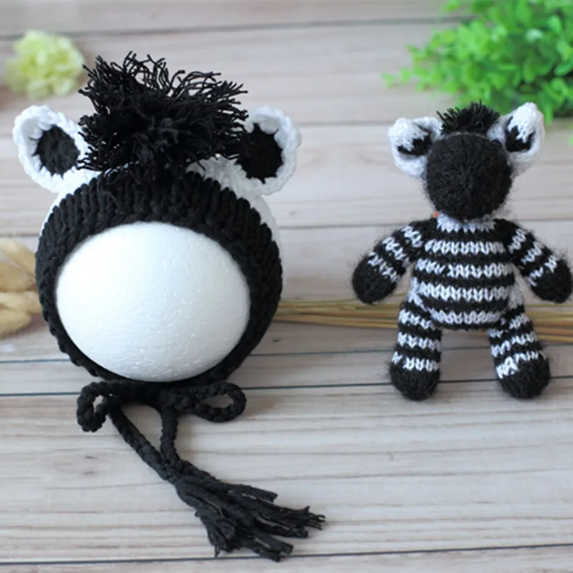 Newborn knit bonnet matched Zebra toy set Knitted baby boy bonnet hat photography props Newborn pixie beanie photo props