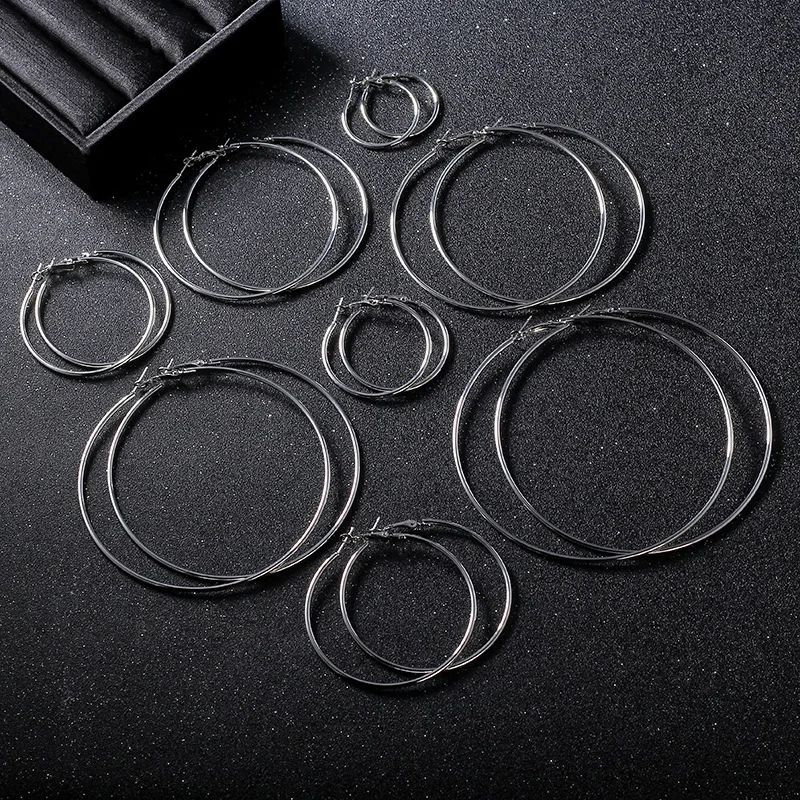 Four-color Trendy Classic Stainless Steel Hyperbole Large Hoop Earrings For Women Big Smooth Circle Loop Earrings Size 30-100mm