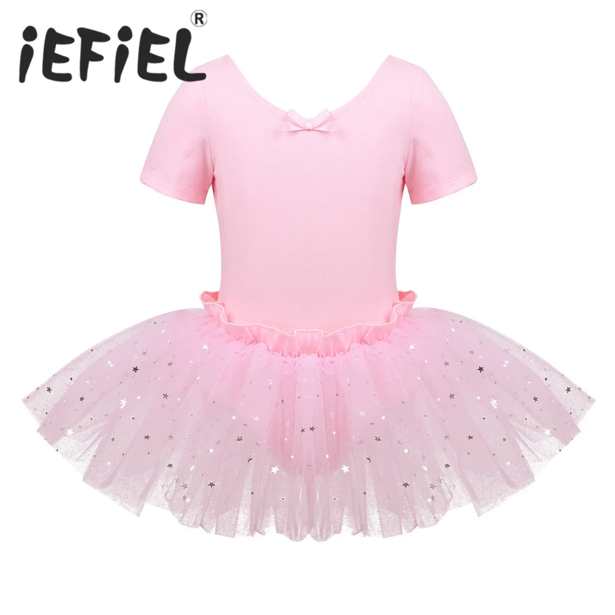 Cute Girls U-shaped Back Shiny Stars Sequins Mesh Ballet Dance Gymnastics Leotard Tulle Tutu Dress for Kids Dancer Perfprmance