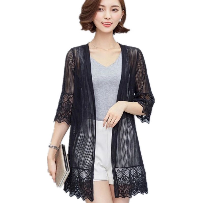 

Long Lace Cardigan Jacket New Spring Summer White Black Perspective Loose Thin Outwear Fashion Speaker Sleeves Casual Coat D8