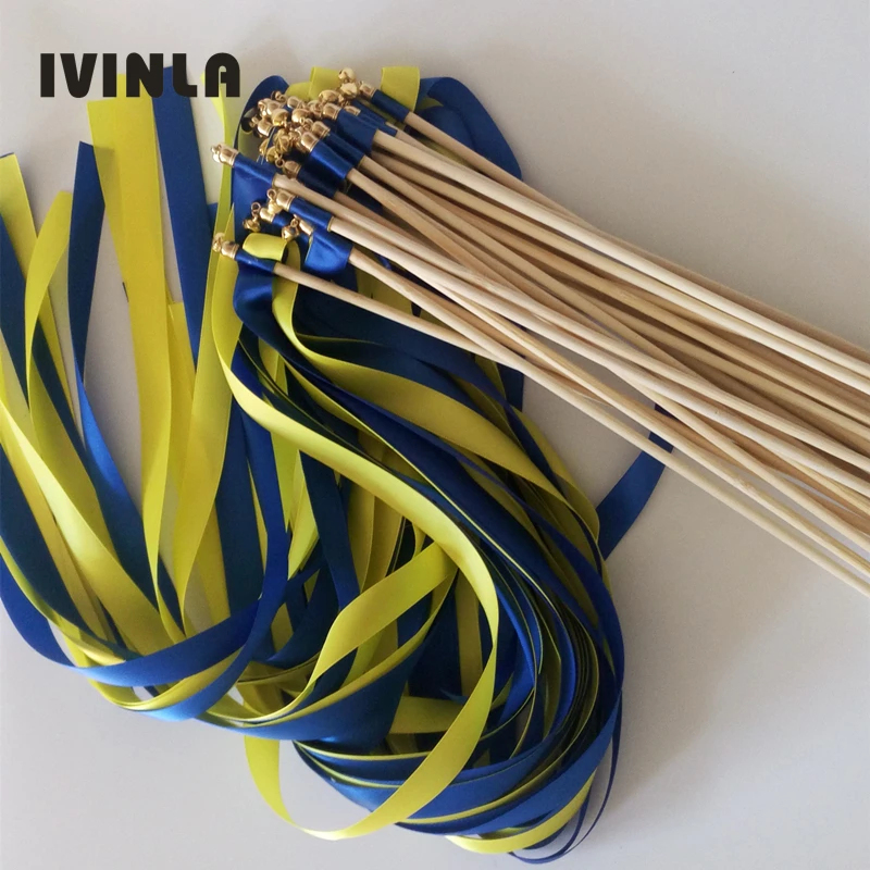 

50pcs/lot royal and yellow wedding ribbon wands with gold bell for wedding decoration