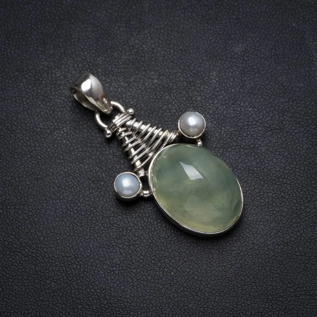 

Natural Prehnite andRiver Pearl Handmade Unique 925 Sterling Silver Pendant 1.75" X0859