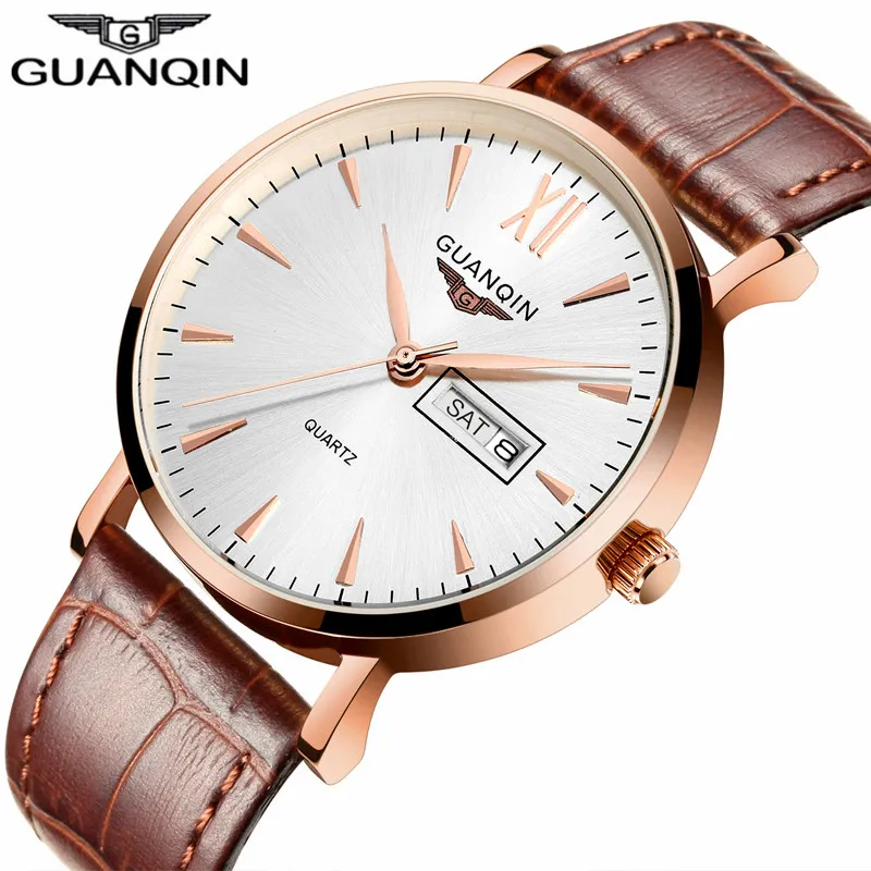 GUANQIN Brand Men Watches Business Quartz 30M Waterproof Watches Men\'S Leather Band Auto Date Wristwatches Men Watch