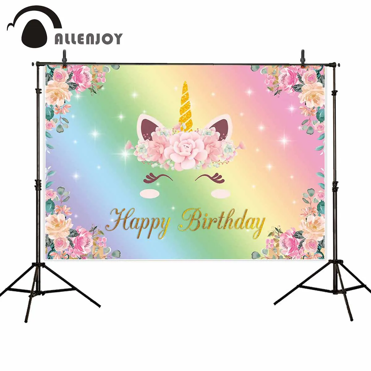 

Allenjoy backdrop for photographic studio unicorn flower colorful rainbow glitter happy birthday background customize photocall