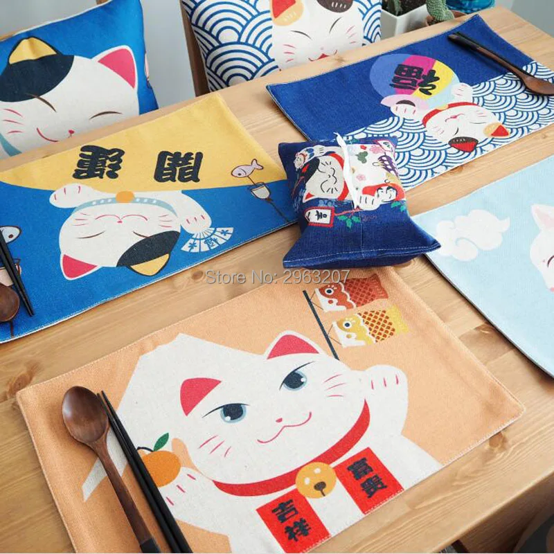 Japan Style Lucky Cat Western Placemats Thick Cotton Linen Anti-slip Table Mats Tea Cup Insulation Coasters Bowl Pads