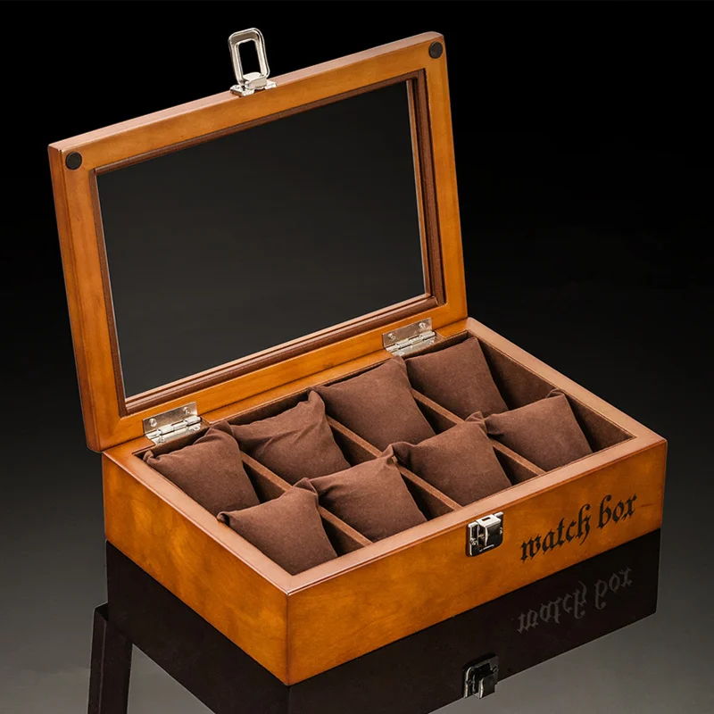 8 Slots Wood Watch Box Organizer Luxury Watch Holder With Glass Window Mens Wrist Watch Display Black Watch Cabinet
