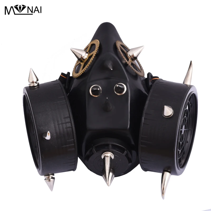 Retro steampunk máscara preta respirador prata picos rebites cyber goth cosplay máscaras acessórios de festa para homem/mulher