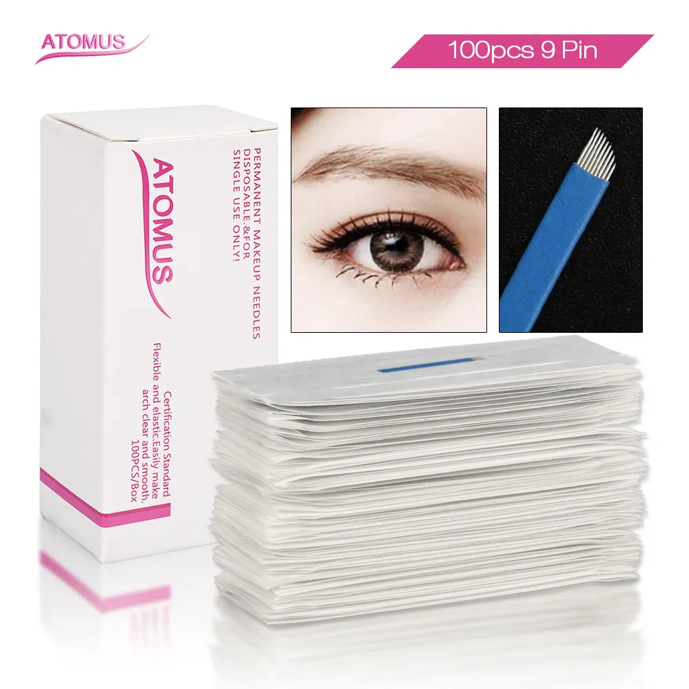 100 ชิ้น 9pin Microblading Tattoo Blade สําหรับ 3D กึ่งถาวรแต่งหน้าเข็มแรเงาเข็ม Tebore Laminas Para Tebori Agujas