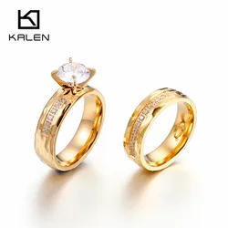 Kalen Romantic Zircon Couple Rhinestone Stainless Steel Gold Color Finger Rings For Women Engagement Wedding Band Rings Jewelry