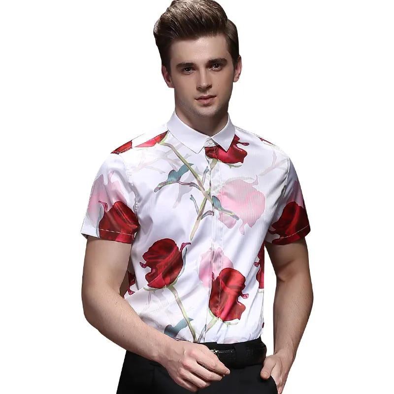 FANZHUAN Free Shipping New Summer Romantic Flower Slim Beach Hawaii Men's MALE man short sleeved printed white shirt 812099