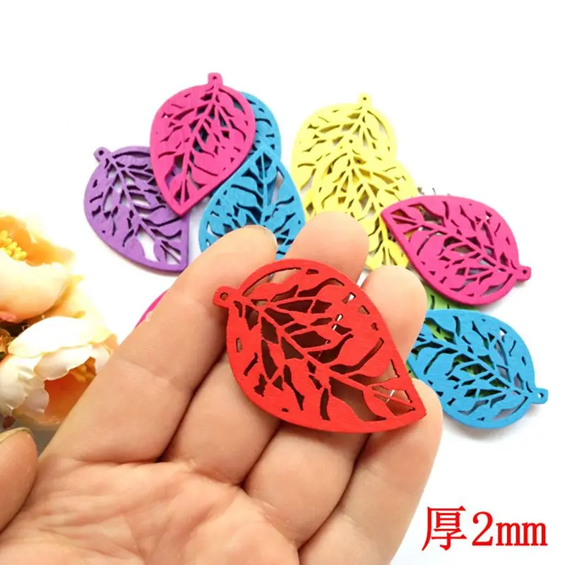 Colorful Wooden Leaf Pendant DIY for Wedding Festival Party Craft Decoration Size 54*35mm 30pcs/lot