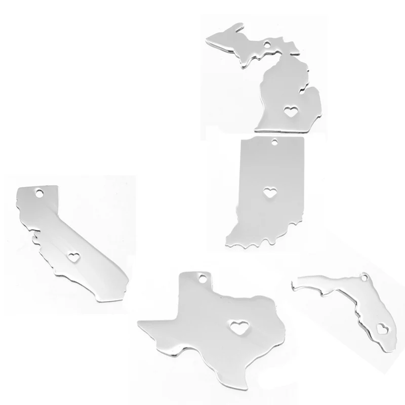 Risul California,Florida,Texas,Michigan,Indiana Map Stainless steel US states pendant charms both sides mirror polished 100pcs