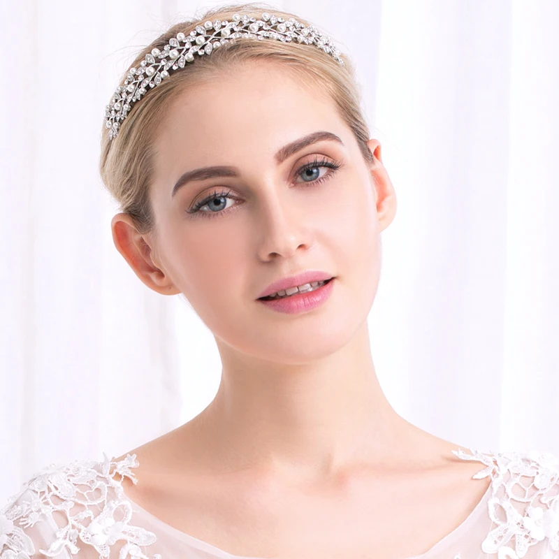 Miallo Rhinestone Pearls Crown Headband Vintage Crystal Bridal Tiaras Wedding Hair Jewelry Leaves Princess Diadem for Women