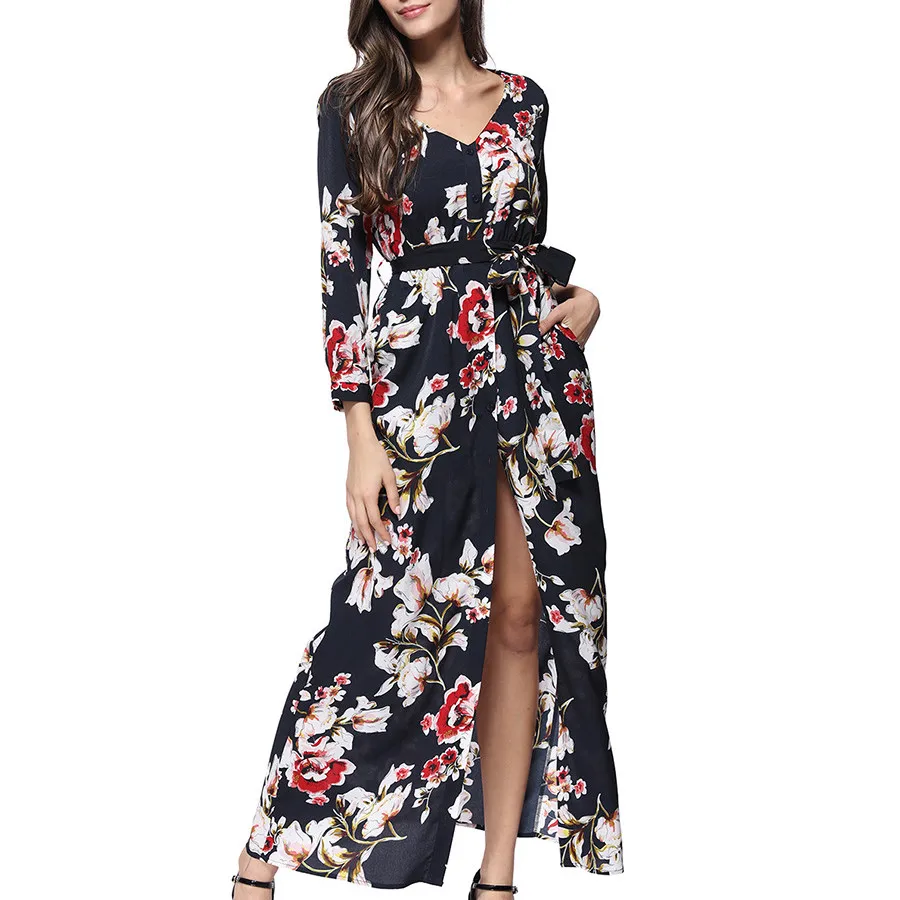 Summer Print Chiffon Bohemian Dresses Women Beach V-Neck Wrist Sleeve Sashes Pocket Slit Long Party Dress Boho Vestidos 2019