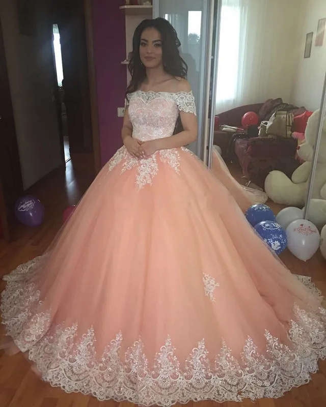 2019 pêssego quinceanera vestido de baile vestidos de renda branca applique fora do ombro trem doce plus size tule festa baile noite vestidos